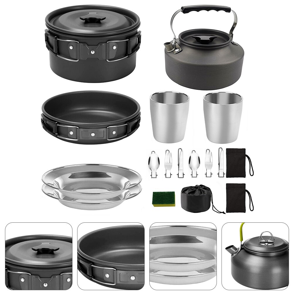 1 Set Outdoor Camping Cookwares Portable Picnic Tableware for 2-3 People (Black)
